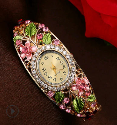 Bangle Watch with Colorful Painted Design and Diamonds