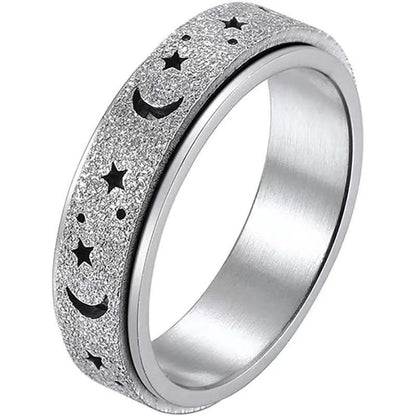 Rotating Ring - Stress Anxiety Relief - Stainless Steel - Silver Moon and Star