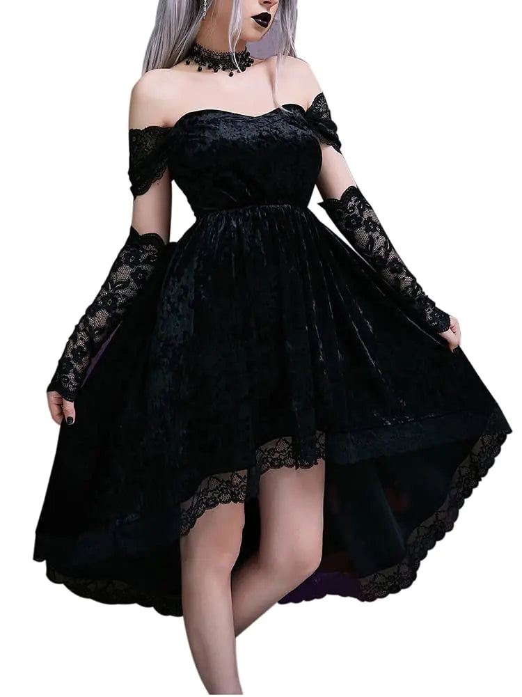 LANSHULAN Gothic Clothes DressLace Mini Sleeveless Lace Draped Bodycon Goth Vintage Dresses Without Gloves Black