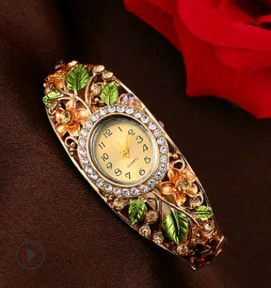 Bangle Watch with Colorful Painted Design and Diamonds