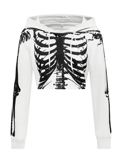 GORGLITTER Womens Cropped Goth Graphic Skeleton Hoodie Long Sleeve Drawstring Pullover Hoodies White Small