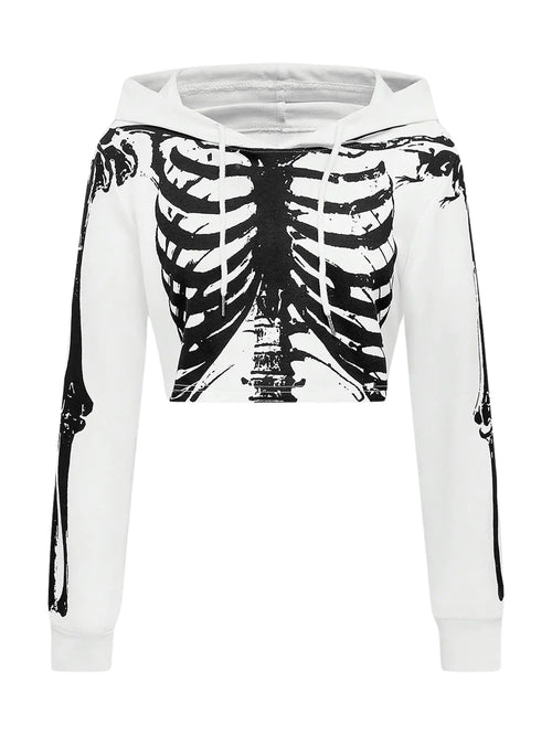 GORGLITTER Womens Cropped Goth Graphic Skeleton Hoodie Long Sleeve Drawstring Pullover Hoodies White Small