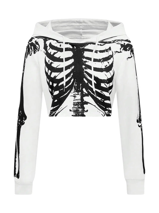 GORGLITTER Womens Cropped Goth Graphic Skeleton Hoodie Long Sleeve Drawstring Pullover Hoodies White Small