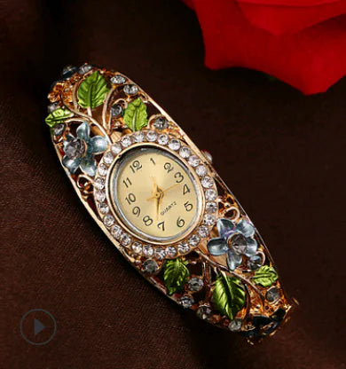 Bangle Watch with Colorful Painted Design and Diamonds