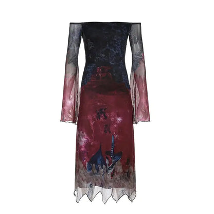 Retro Multicolor Mesh Long Dress in Dark Goth Style