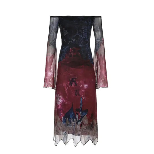 Retro Multicolor Mesh Long Dress in Dark Goth Style