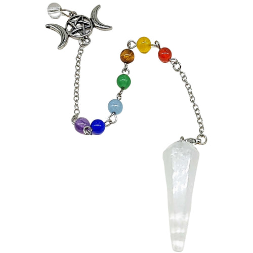 Pendulum - Cone - Crystal Quartz - Triple Goddess Pentagram Charms