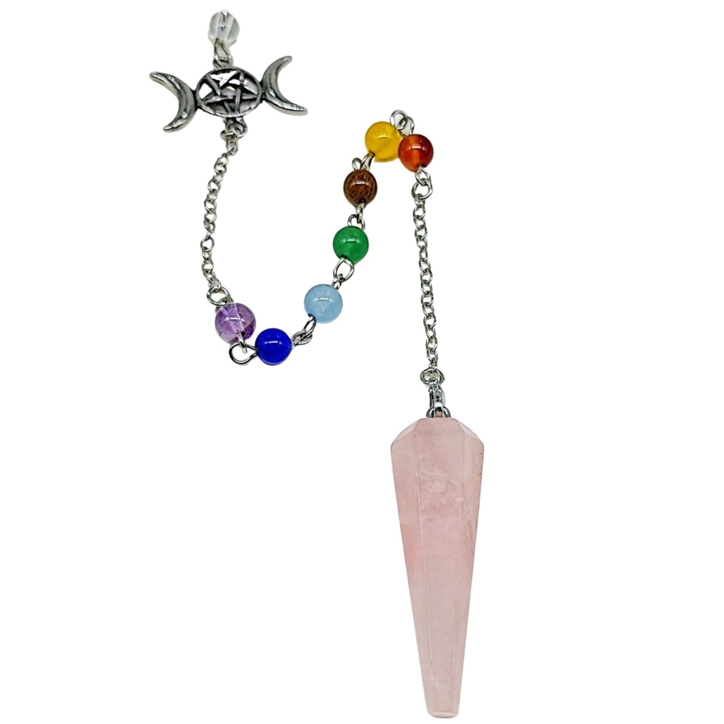 Pendulum - Cone - Rose Quartz - Triple Goddess Pentagram Charms
