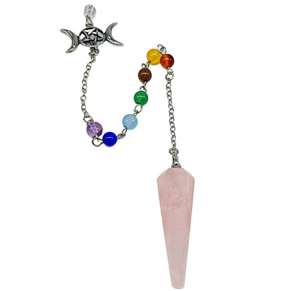 Pendulum - Cone - Rose Quartz - Triple Goddess Pentagram Charms