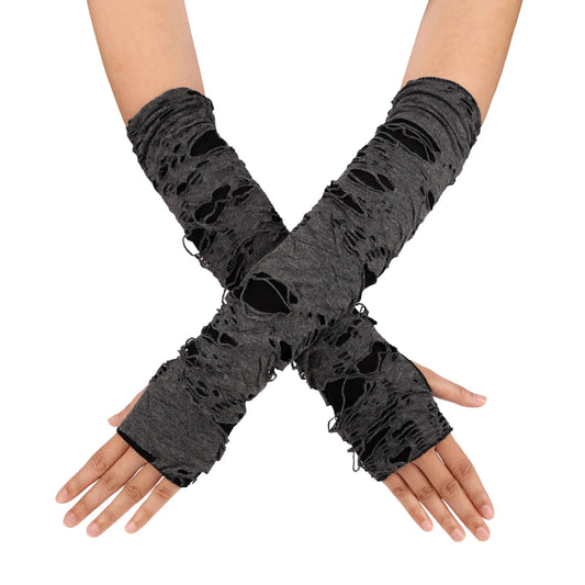 Aiphamy Womens Long Torn Ripped Punk Goth Gloves Cosplay Fingerless Gloves Mittens for Halloween Costumn Party (Black)