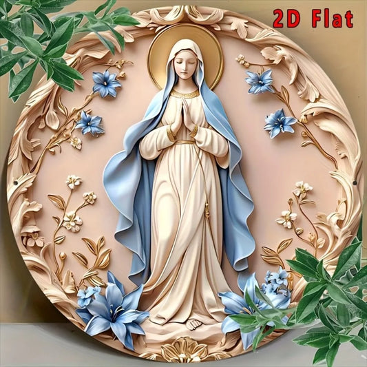 Vintage Virgin Mary Aluminum Wall Decor - 8x8" Round Maria Themed Art, Home Kitchen Christmas Gift