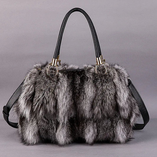 Elegant Fox Fur & Leather Tote (Spacious)