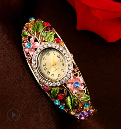 Bangle Watch with Colorful Painted Design and Diamonds