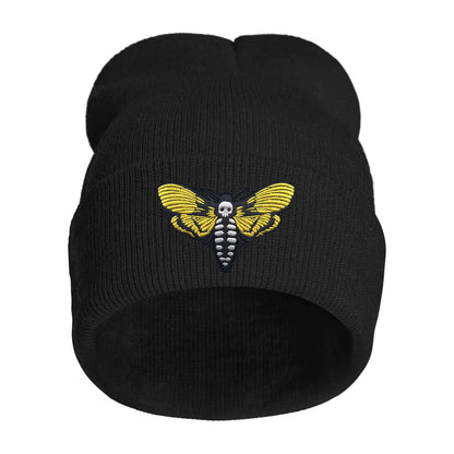 AIMASTZ Skull Moth Embroidered Beanie Knit Hat for Men Women Halloween Goth Graphic Winter Black Skull Cap