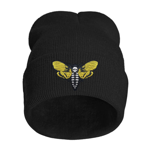AIMASTZ Skull Moth Embroidered Beanie Knit Hat for Men Women Halloween Goth Graphic Winter Black Skull Cap