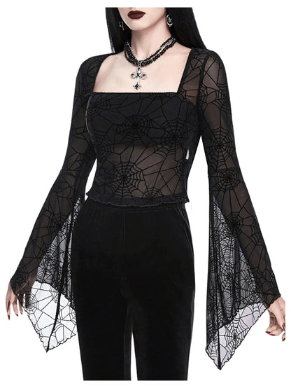 Verdusa Womens Y2K Bell Sleeve Square Neck Ruched Blouse Goth Lace Tops Black-1 Large