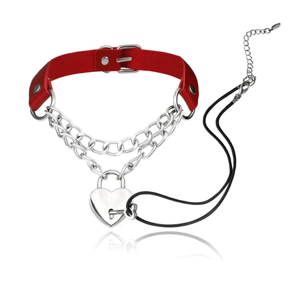 MILAKOO Heart Lock Pendant Necklace for Women Red Leather Collar Choker Punk Goth Necklace with Key