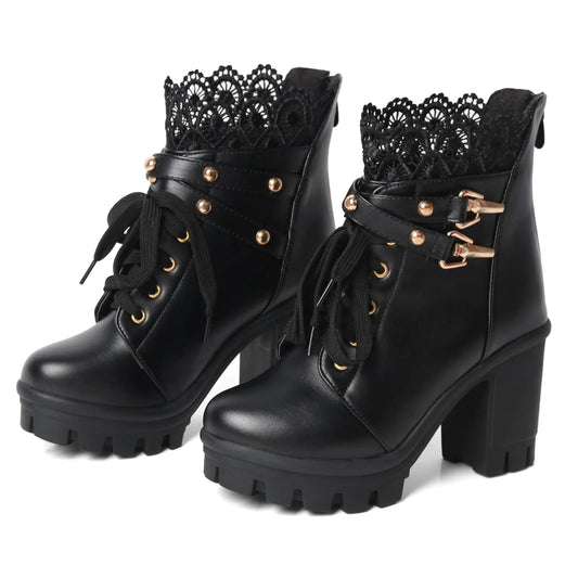FOREADA Goth Boots Chunky Heel Boot For Women Ankle Combat Booties Black Platform Bootie Buckle Rivets Punk Goth Shoes With Zipper