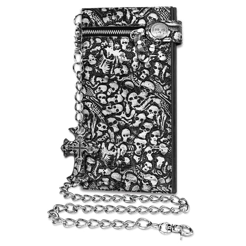 Girinme Long Chain Wallet Leather Skull Gothic Punk Bifold Halloween Goth AccessoriesUnisex - Gunmetal Black Brand