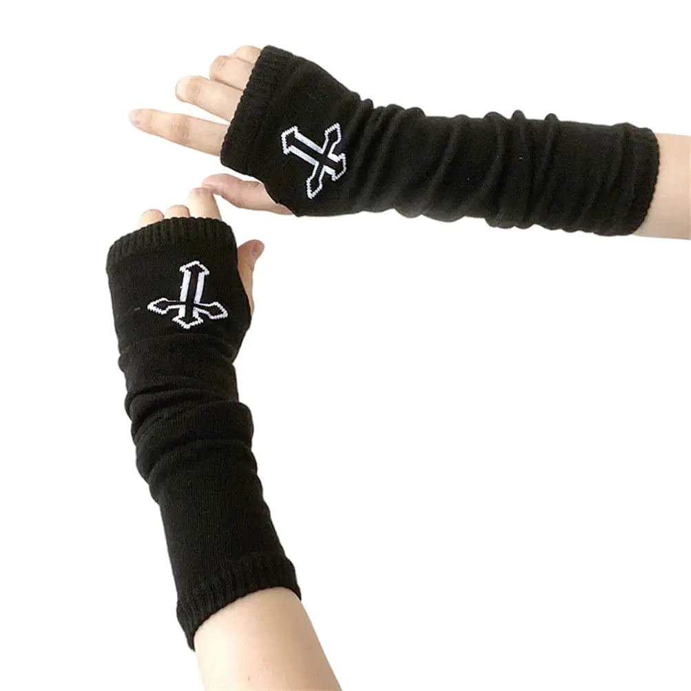 HeiBai Xiong Goth Knitted Arm Warmers Punk Skateboard Gloves Fingerless Japanese Harajuku Graphic