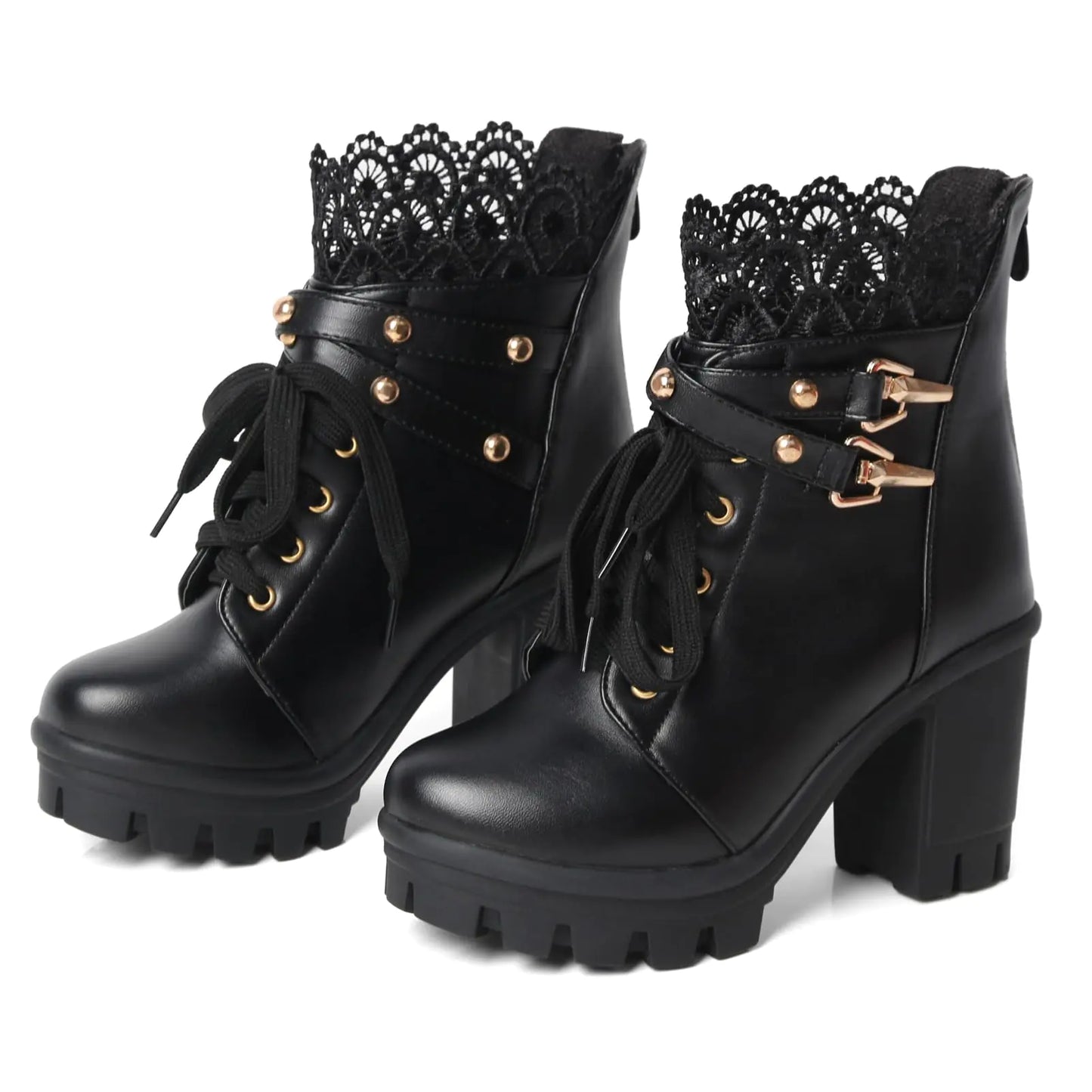 FOREADA Goth Boots Chunky Heel Boot For Women Ankle Combat Booties Black Platform Bootie Buckle Rivets Punk Goth Shoes With Zipper