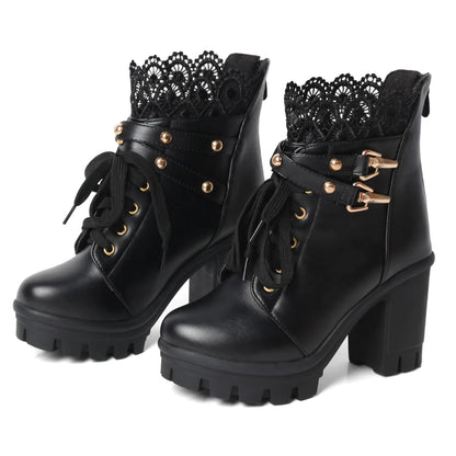 FOREADA Goth Boots Chunky Heel Boot For Women Ankle Combat Booties Black Platform Bootie Buckle Rivets Punk Goth Shoes With Zipper