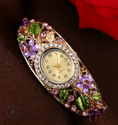 Bangle Watch with Colorful Painted Design and Diamonds