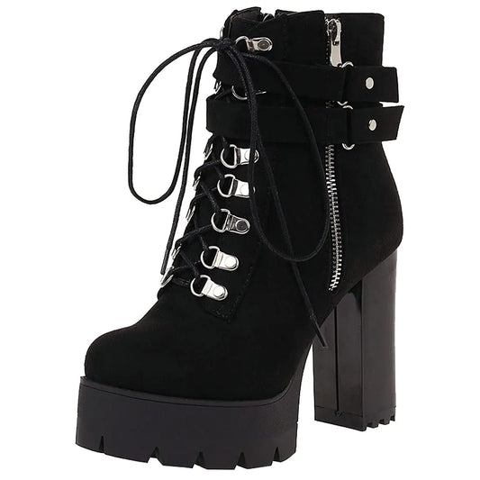 Agodor Womens Goth Platform Combat Booties Lace up Round Toe Chunky High Heel Gothic Ankle Boots (US 10.5 black)