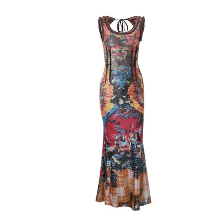 Retro Multicolor Mesh Long Dress in Dark Goth Style