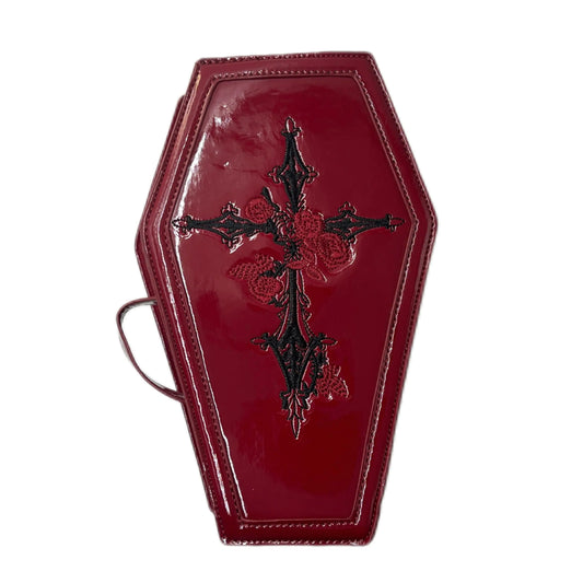 RRISETAG Goth Makeup Bag PU Leather Coffin Bag Retro Gothic Makeup Pouch Punk Handbag Red Cosmetic Bag Stylish Goth Bag for Halloween Parties and Everyday Use (Coffin bag)