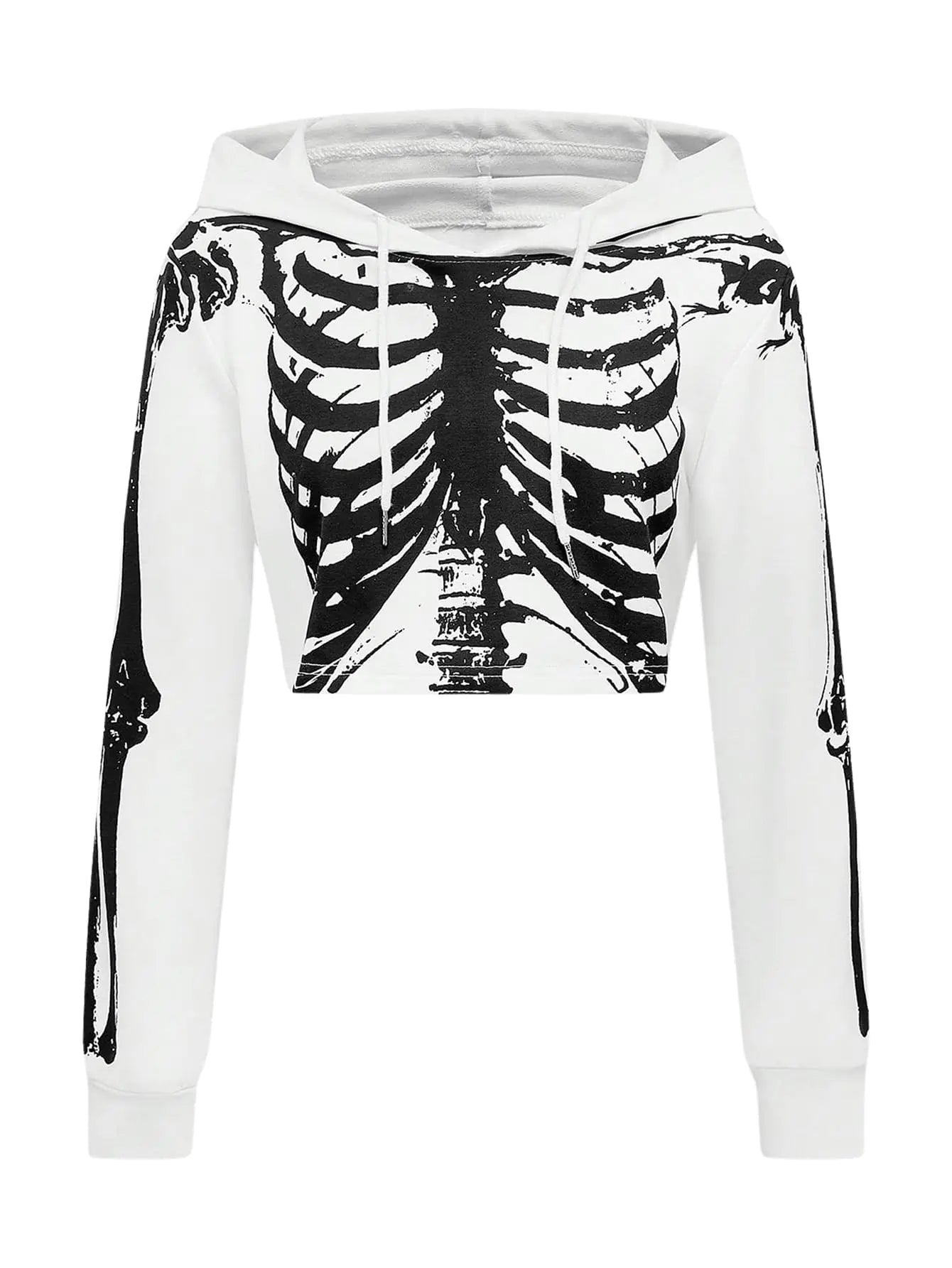 GORGLITTER Womens Cropped Goth Graphic Skeleton Hoodie Long Sleeve Drawstring Pullover Hoodies White Small