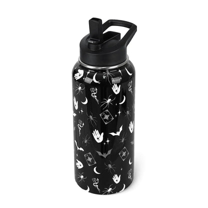 Goth Water Bottle with Straws Double Walled Vacuum Insulated Sports Bottle Goth Bats Travel Thermal Cup Leak Proof Stainless Steel Tumbler Witchy Decor Gifts-32 OZ
