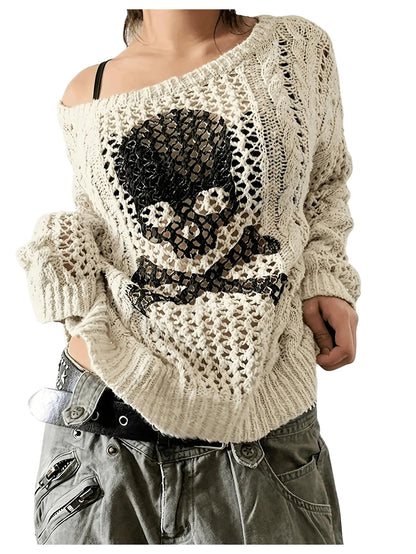 SHENHE Womens Skull Print Hollow Out Loose Knit Goth Grunge Off Shoulder Sheer Sweater Beige Small