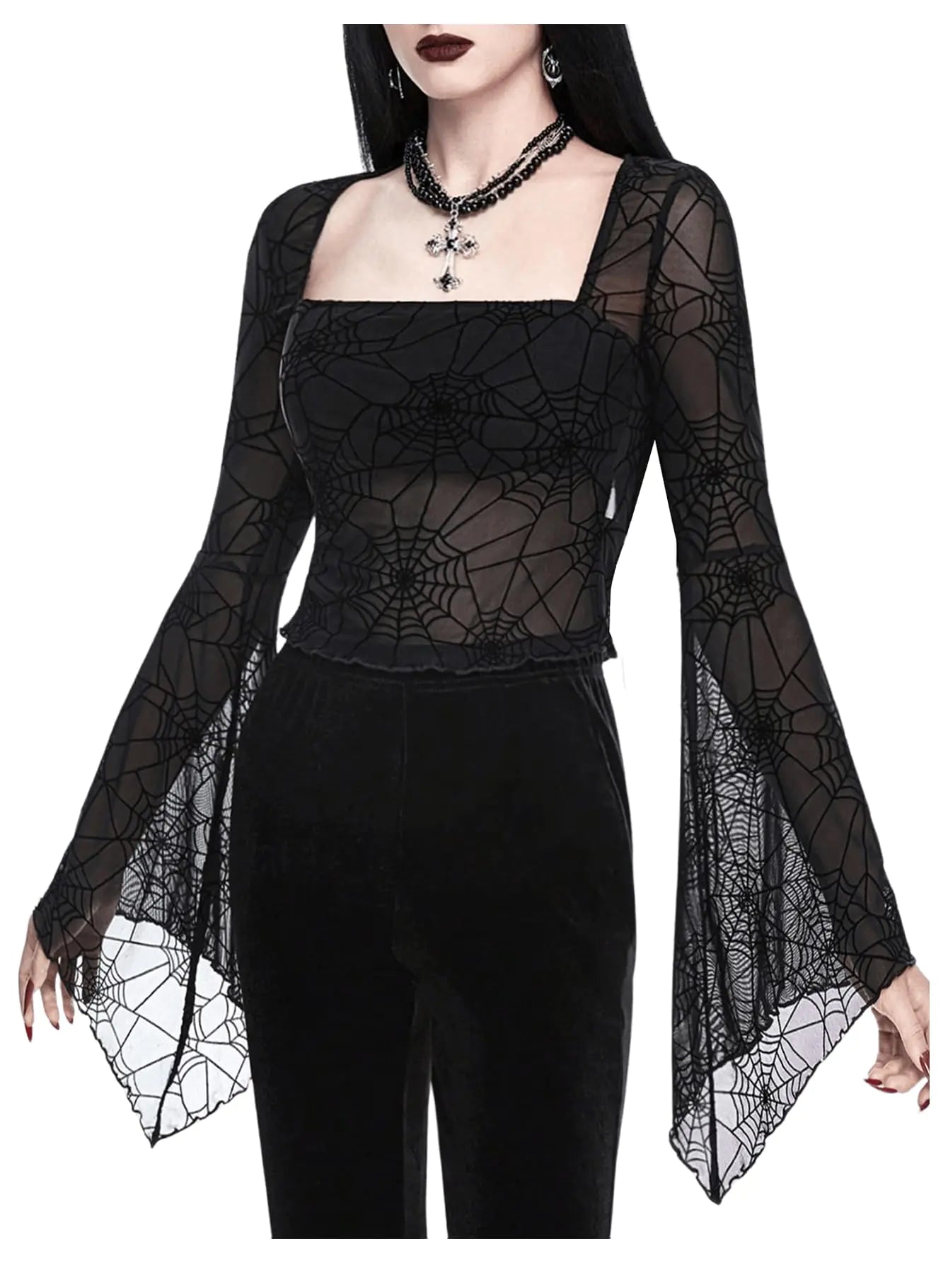 Verdusa Womens Y2K Bell Sleeve Square Neck Ruched Blouse Goth Lace Tops Black-1 Large