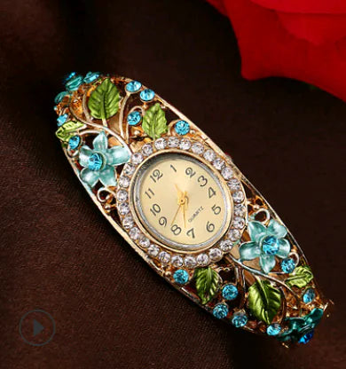 Bangle Watch with Colorful Painted Design and Diamonds