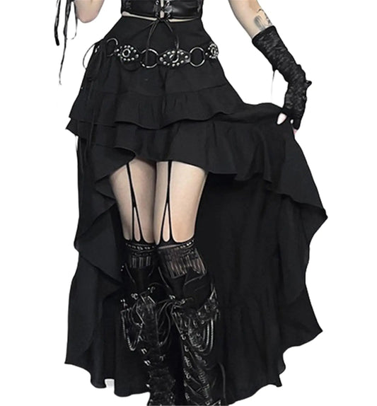 Insgoth Gothic Long Maxi Skirt for Women Goth Black High-Waist Asymmetrical Punk